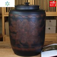 云南建水紫陶茶叶罐 普洱茶 储茶罐 浮大茶缸 大水缸 三维工匠 灯笼缸大号荷花茶缸图案随机茶具
