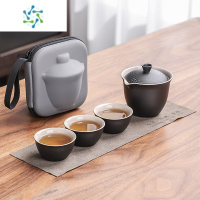 三维工匠便携旅行茶具套装户外泡茶杯黑陶快客杯一壶三杯茶壶礼品定制Logo户外烧水壶