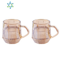 三维工匠玻璃杯子家用带把手钻石喝水杯茶杯彩色简约客厅水具家庭杯子套 琥珀色八面天星竖条杯两只酒具