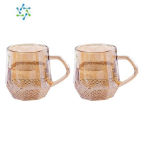 三维工匠玻璃杯子家用带把手钻石喝水杯茶杯彩色简约客厅水具家庭杯子套 琥珀色八面天星光面杯两只酒具