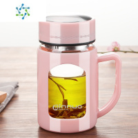 三维工匠茶水分离杯男女士个人新款带把手办公室家专用防热耐摔玻璃泡杯子 亮面粉500ml+杯刷[普通茶隔]酒具