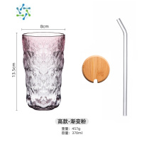三维工匠冰川纹玻璃杯带把手盖子吸管女喝水杯高级感杯子家用茶杯ins风夏 无把-大号渐变粉色+盖子吸管酒具