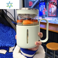三维工匠创意带滤网玻璃杯女士高颜值水杯学生带把手杯子男办公茶杯 绿色500ml 送6颗随机3D贴纸酒具