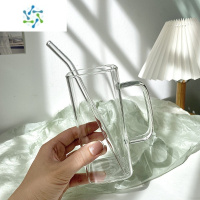三维工匠小众ins风方形彩色带把玻璃杯耐热早餐杯牛奶杯苏打水饮料杯餐厅水杯