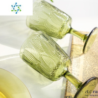 三维工匠法式复古浮雕纹理树叶高脚杯红酒玻璃杯家用清新香槟杯酒杯洋酒杯 绿色树叶杯2支