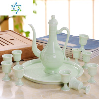 三维工匠白酒杯套装家用景德镇陶瓷中式仿古酒具酒壶酒杯小酒盅分酒器 翡翠12件套