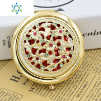 三维工匠双面折叠双面金银复古铜色镂空便携迷你时尚化妆小镜子 镂空金色(花色随机发)便携式用镜