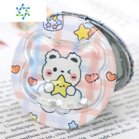 三维工匠韩国创意流沙化妆镜迷你翻盖随身便携式小号镜子可爱少女心双面镜 小熊皮面镜(雪花亮片)便携式用镜