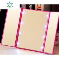 三维工匠LED化妆镜子小台式带灯随身便携折叠触摸屏高清补光梳妆镜三面镜 玫红色带灯便携式用镜