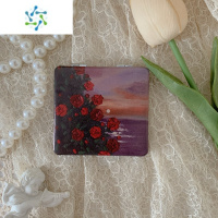 三维工匠晃晃的手绘馆油画棒玫瑰花小镜子女随身携带折叠双面便携化妆镜 黄昏海边玫瑰便携式用镜