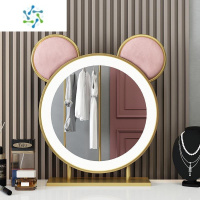 三维工匠简约少女心米奇可爱化妆镜带灯补光桌面镜智能发光梳妆镜挂墙镜子 底座款三色灯60*60便携式用镜