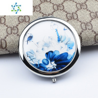三维工匠创意迷你山水双面圆镜可爱金属化妆镜随身便携美容小镜子折叠小 青花荷花便携式用镜