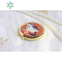 三维工匠[福利款]古风汉服配饰小镜子化妆镜便携折叠双面镜手工猫咪 石榴橘黑猫金色底便携式用镜