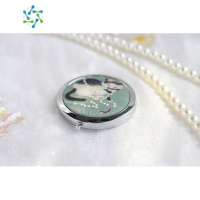 三维工匠[福利款]古风汉服配饰小镜子化妆镜便携折叠双面镜手工猫咪 竹青色黑猫银色底便携式用镜