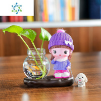 三维工匠网红北欧花瓶客厅插花家居小摆件装饰品透明玻璃器皿创意水养花器 卡通-[遛狗款]围巾[女]