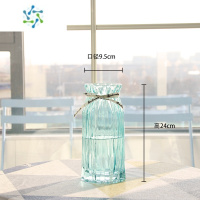 三维工匠北欧玻璃花瓶透明 竖棱 创意 客厅插花鲜花玫瑰百合花器装饰摆件 天蓝(24cm高)送丝带