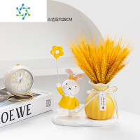 三维工匠ins风桌面麦穗干花陶瓷花瓶装饰摆件创意北欧客厅电视柜插花花瓶 黄色兔子花瓶+底座+金色大麦
