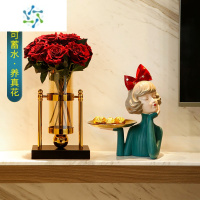 三维工匠现代轻奢创意水培网红花瓶摆件客厅插花北欧玄关电视柜餐桌装饰品 H花瓶大号+植绒玫瑰10枝+思绪 绿色