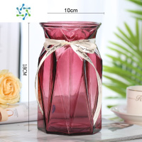 三维工匠欧式创意玻璃花瓶透明彩色水培绿萝植物百合鲜花插花瓶客厅摆件 钻石折纸[酒红]送白丝带 中等
