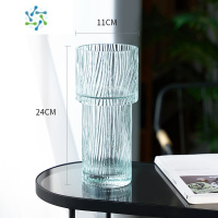 三维工匠北欧简约创意轻奢透明花瓶水养玫瑰花百合玻璃插花瓶客厅餐桌摆件 火炬款(树皮纹)绿色 中等