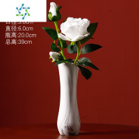 三维工匠ins风餐桌装饰品摆件高级感小众一枝花玫瑰花瓶客厅插花简约现代 细口大理石纹花瓶02款+白色手感保湿玫瑰花