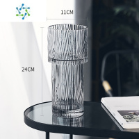 三维工匠北欧简约创意轻奢透明花瓶水养玫瑰花百合玻璃插花瓶客厅餐桌摆件 火炬款(树皮纹)烟灰 中等