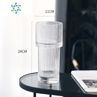 三维工匠北欧简约创意轻奢透明花瓶水养玫瑰花百合玻璃插花瓶客厅餐桌摆件 火炬款(竖条)透明 中等