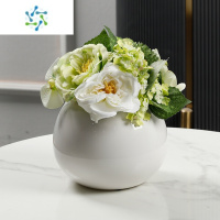 三维工匠陶瓷花瓶摆件客厅插花办公室水培器皿大肚子陶罐北欧现代简约白色 2号瓶+仿真绿绣球牡丹花束