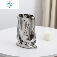 三维工匠莫兰迪花瓶干花摆件创意电镀银色陶瓷花瓶花艺样板间花器软装饰品 镀银布袋花瓶