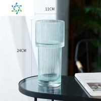 三维工匠北欧简约创意轻奢透明花瓶水养玫瑰花百合玻璃插花瓶客厅餐桌摆件 火炬款(竖条)绿色 中等