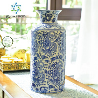 三维工匠新中式花瓶青花瓷客厅摆件插花电视柜陶瓷装饰复古玄关餐桌博古架 满花青花 高款
