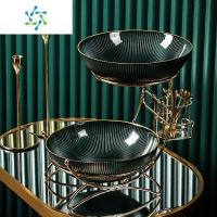 三维工匠水果盘精致高端2021新款客厅家用多层零食糖果盘套装轻奢茶几摆件 [双层果盘+水果叉罐]竖纹理-橄榄绿