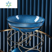 三维工匠水果盘精致高端2021新款客厅家用多层零食糖果盘套装轻奢茶几摆件 竖纹理果盘-深邃蓝[带铁艺金架底座]