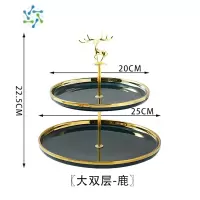 三维工匠水果盘家用客厅茶几轻奢风多层零食糖果盘子前台下午茶餐具点心架 小金鹿绿釉金边大号双层水果盘