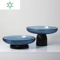 三维工匠轻奢玻璃果盘摆件家用客厅茶几餐桌零食糖果高脚简约水果盘 蓝色组合