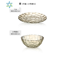 三维工匠水果盘现代简约客厅餐桌家用零食糖果盘茶几网红北欧创意玻璃果盘 平盘+小号 果斗/茶色