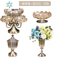 三维工匠欧式轻奢水晶玻璃水果盘多层旋转客厅茶几家用双层分格零食糖果盘 五格大号+糖果罐+烟灰缸+花瓶