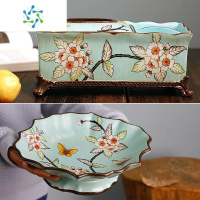 三维工匠新中式轻奢陶瓷水果盘中式果盘家用客厅茶几干果盘装饰摆件 春杏迷蝶两件套