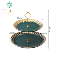 三维工匠水果盘果盘客厅茶几家用轻奢多层糖果零食盘下午茶点心三层蛋糕盘 皇冠菊花祖母绿(大号双层盘)送5支树叶叉