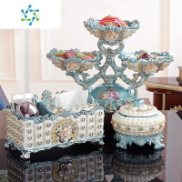 三维工匠欧式高脚果盘套装客厅茶几收纳现代摆件奢华多层家用干果盘装饰品 湖水兰双层盘镶钻三件套送牙签盒