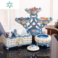 三维工匠欧式高脚果盘套装客厅茶几收纳现代摆件奢华多层家用干果盘装饰品 文兰双层盘镶钻三件套送牙签盒送