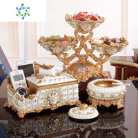 三维工匠欧式高脚果盘套装客厅茶几收纳现代摆件奢华多层家用干果盘装饰品 金色升级版双层盘镶钻三件套送牙