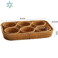 三维工匠Kens编织水果盘客厅家用茶几茶点零食糖果盒干果小吃碟坚果盘分格 浅双色长方大号套装[1盘6圆碟]