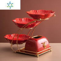 三维工匠轻奢果盘甜品台多层分层创意水果盘客厅茶几家用零食糖果盘收纳盒 加佳红釉三层花朵盘+纸巾盒