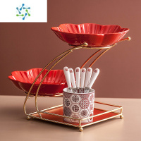 三维工匠轻奢果盘甜品台多层分层创意水果盘客厅茶几家用零食糖果盘收纳盒 加佳红釉两层花朵盘+福字罐6根果叉