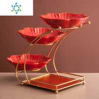 三维工匠轻奢果盘甜品台多层分层创意水果盘客厅茶几家用零食糖果盘收纳盒 加佳红釉三层花朵盘(不带纸巾盒)