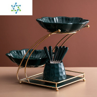 三维工匠轻奢果盘甜品台多层分层创意水果盘客厅茶几家用零食糖果盘收纳盒 加佳绿釉两层花朵盘+绿罐6根果叉