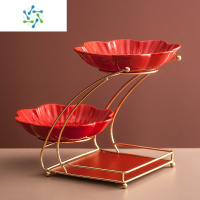 三维工匠轻奢果盘甜品台多层分层创意水果盘客厅茶几家用零食糖果盘收纳盒 加佳红釉两层花朵盘