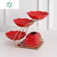 三维工匠北欧轻奢风客厅水果盘子高端零食糖干果茶几点心蛋糕家用网红豪华 三层果盘抽纸盒套装(魅力红)