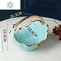 三维工匠陶瓷水果盘北欧轻奢风现代客厅茶几干果盘创意家用大号零食糖果盆 金叶水果提篮 蓝色